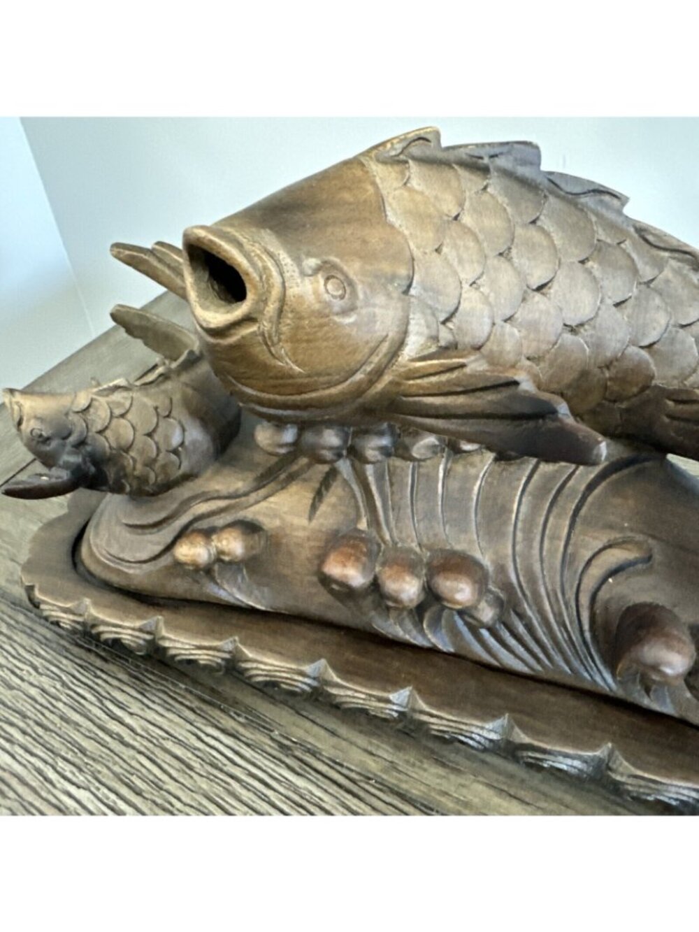Smoking Carp Leaping Over The Dragon Gate Boxwood Hand Carved Vtg Decor Candle - Picture 3 of 16